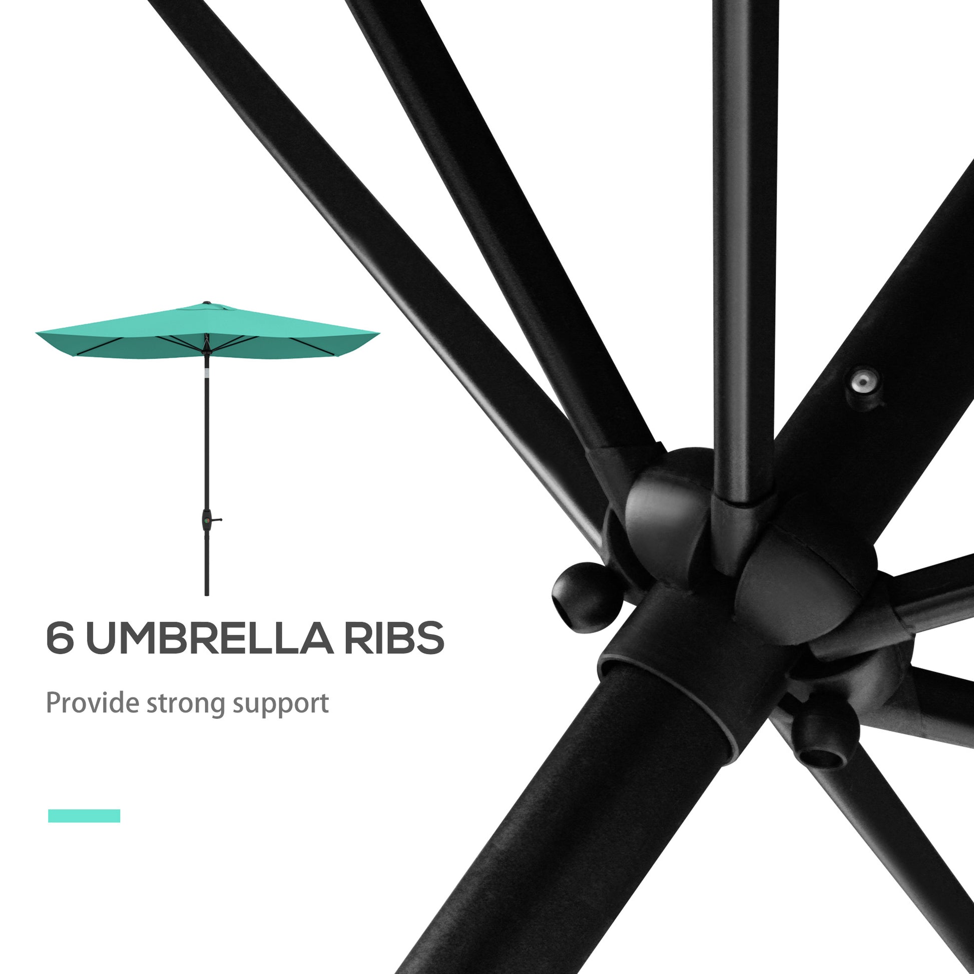 Closeup of black metal umbrella ribs showing sturdy construction
