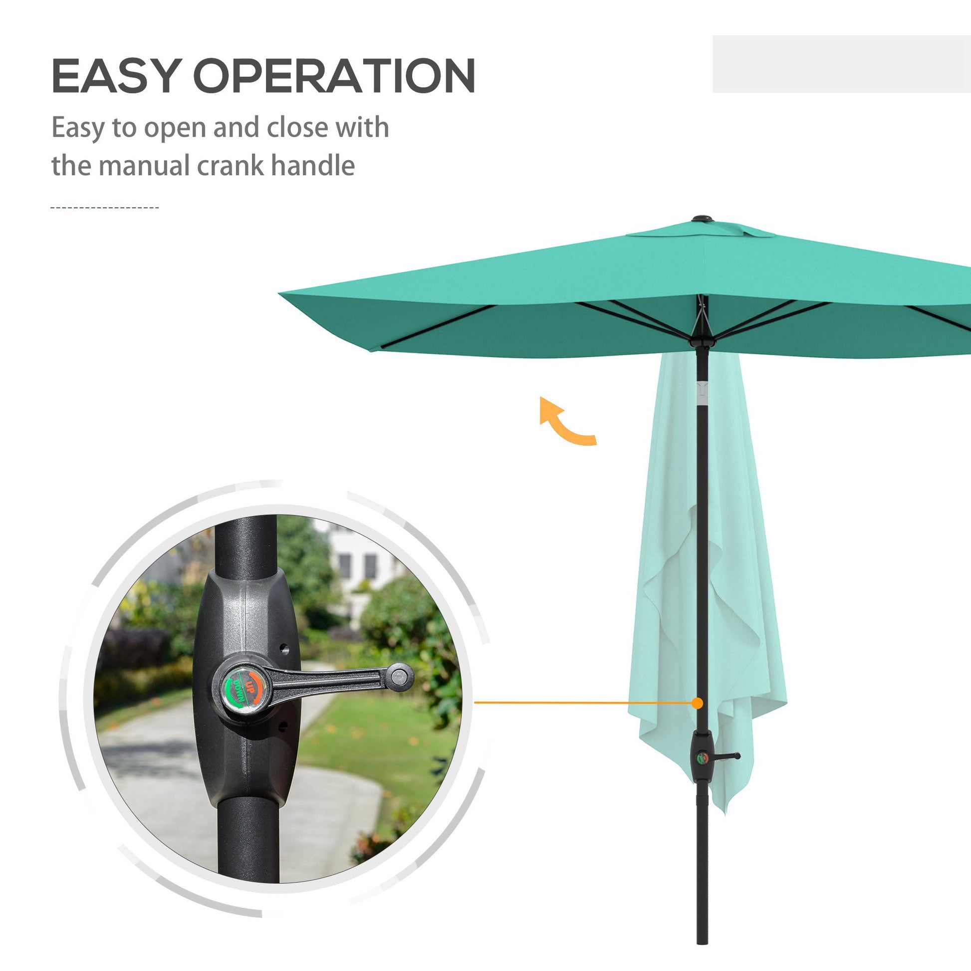 Teal patio umbrella with crank mechanism for easy operation