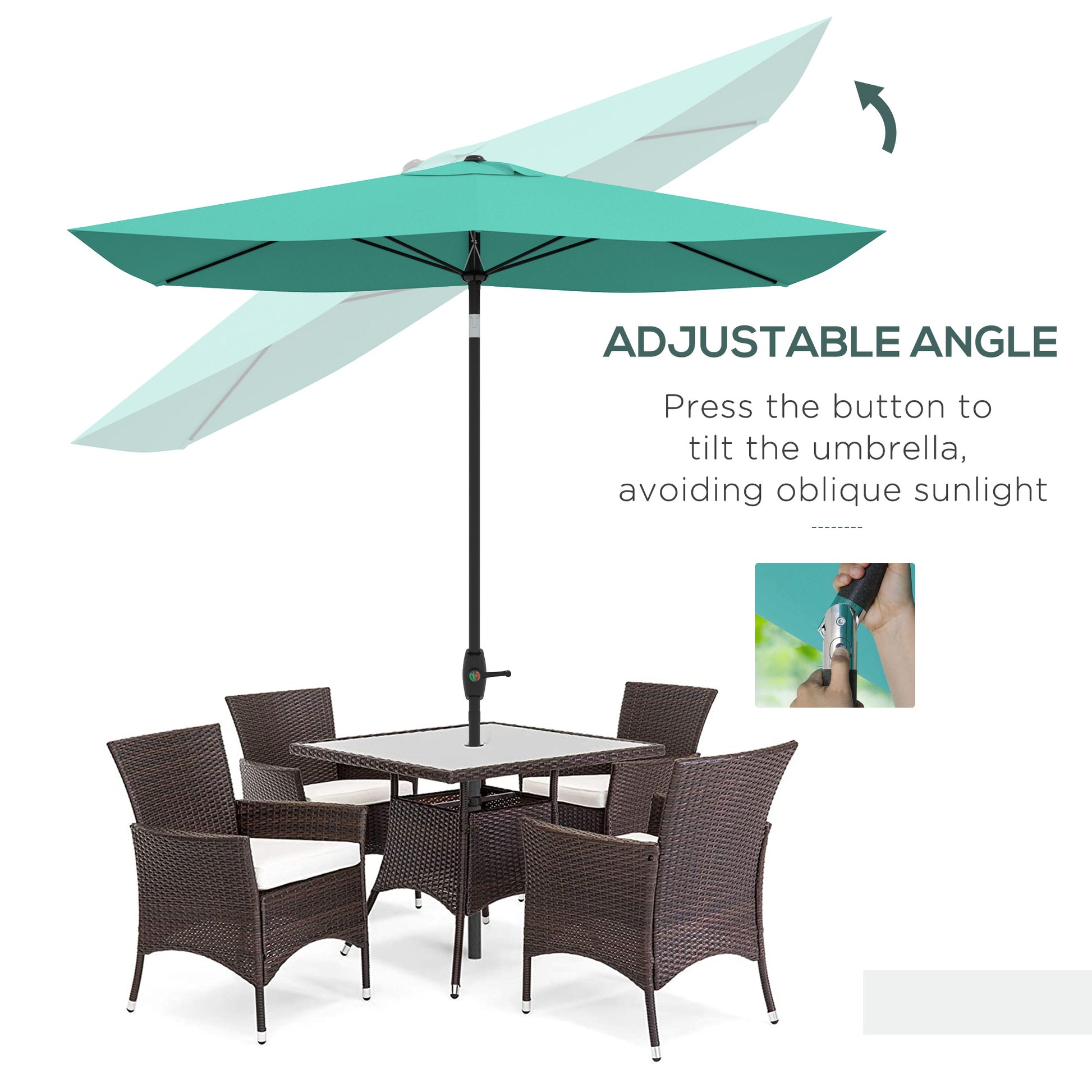 Teal patio umbrella with adjustable angle feature perfect for outdoor seating