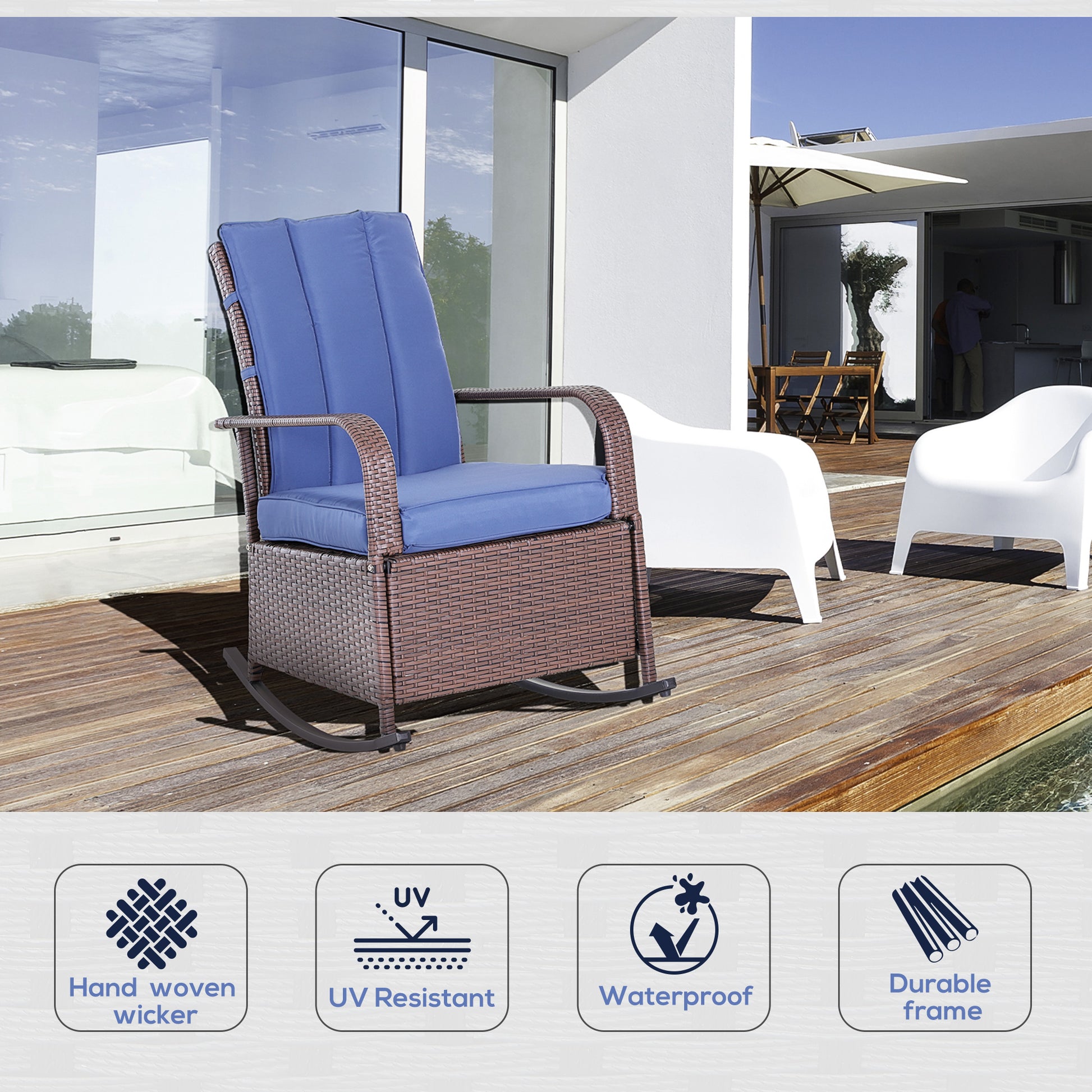 Brown wicker rocking chair with blue cushions on a wooden deck