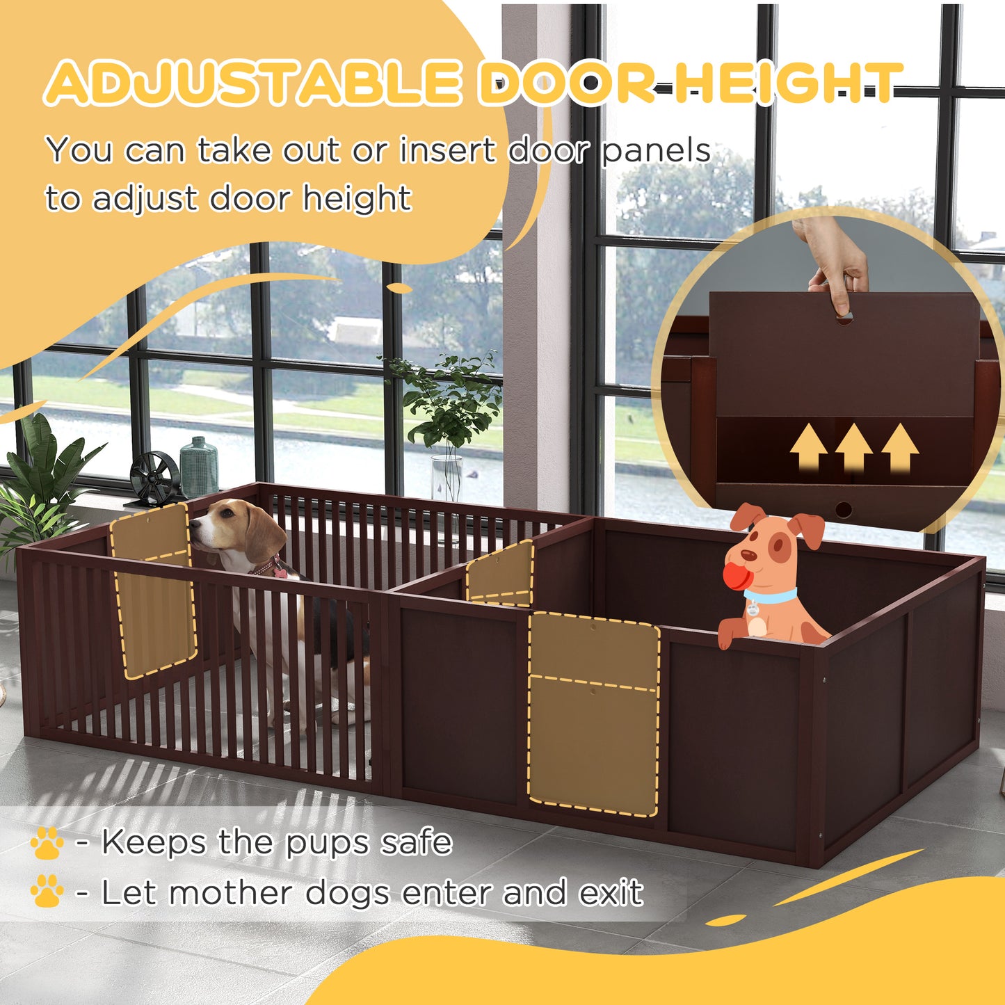 Dark brown wooden dog crate with adjustable panel height beagle inside