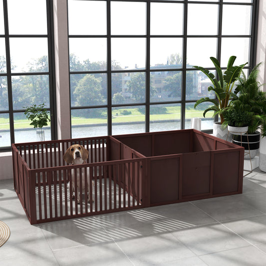Wooden dog playpen with a beagle inside creating a safe indoor enclosure