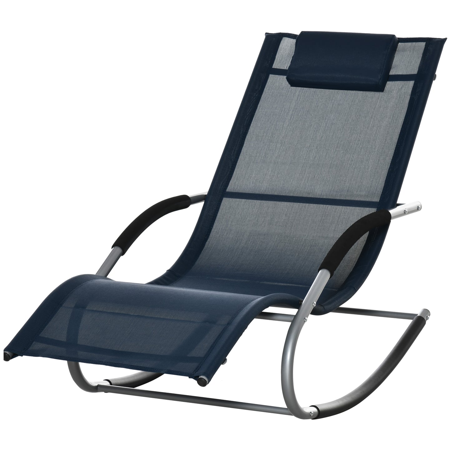 Navy blue mesh rocking lounge chair with silver metal frame and headrest