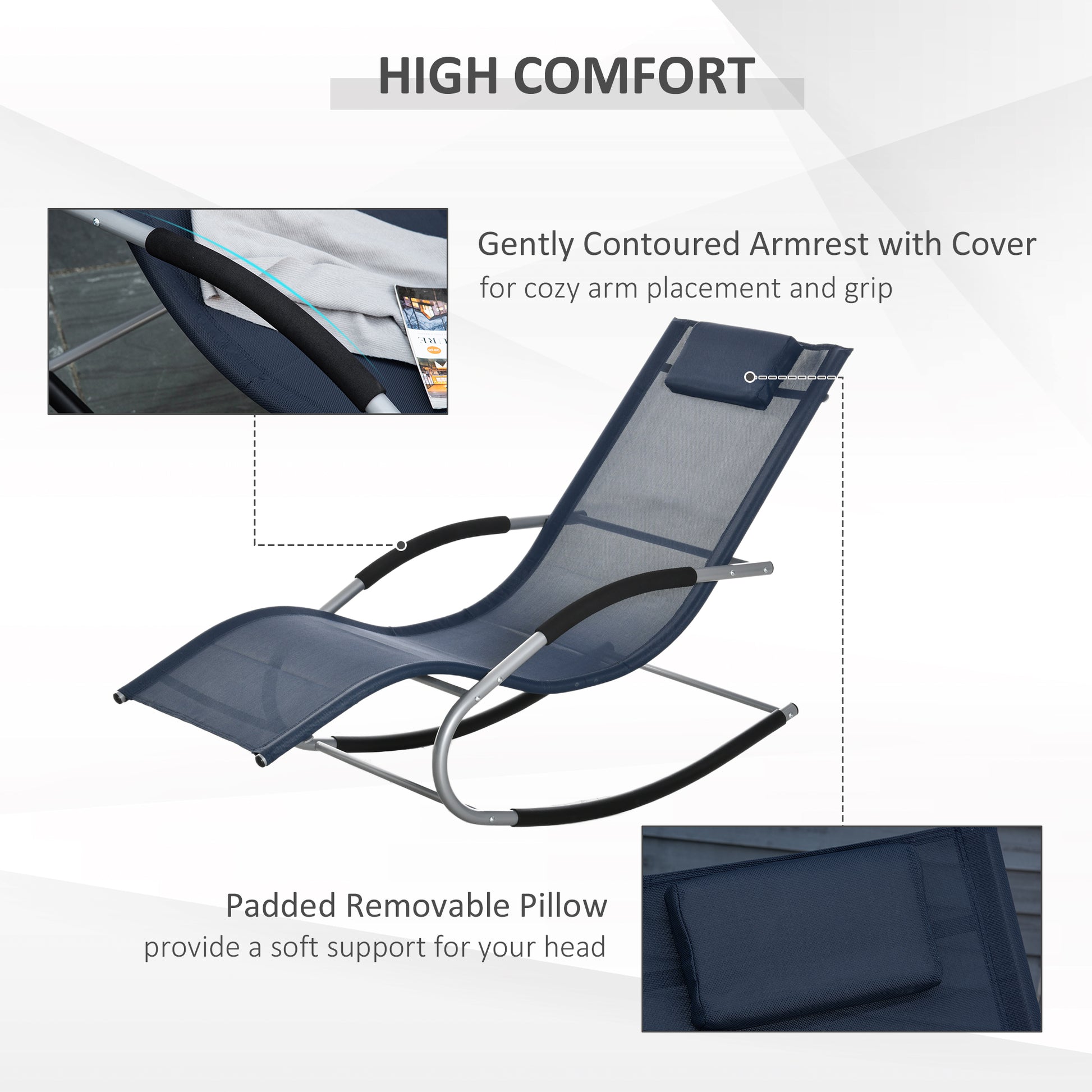 Navy blue mesh rocking chair with contoured armrests and removable pillow
