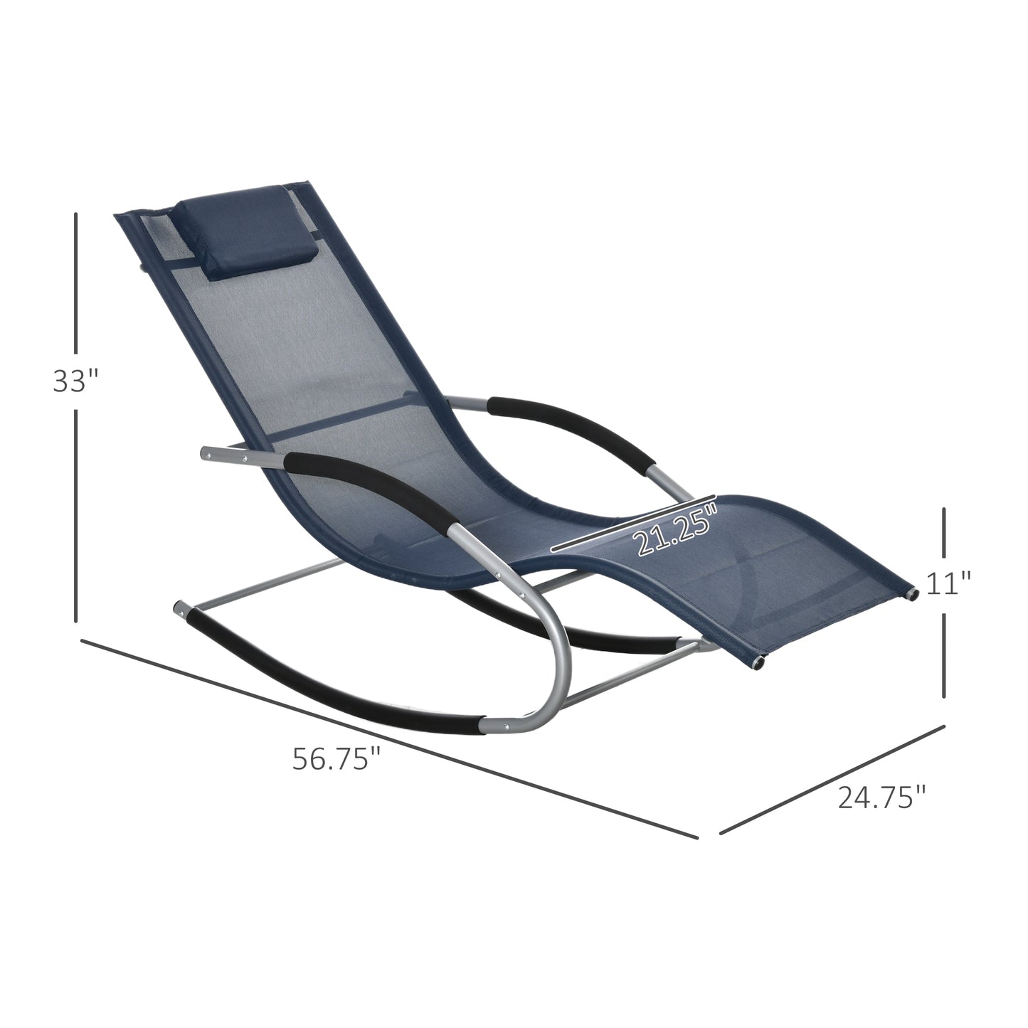 Navy blue mesh rocking lounge chair with headrest and silver frame