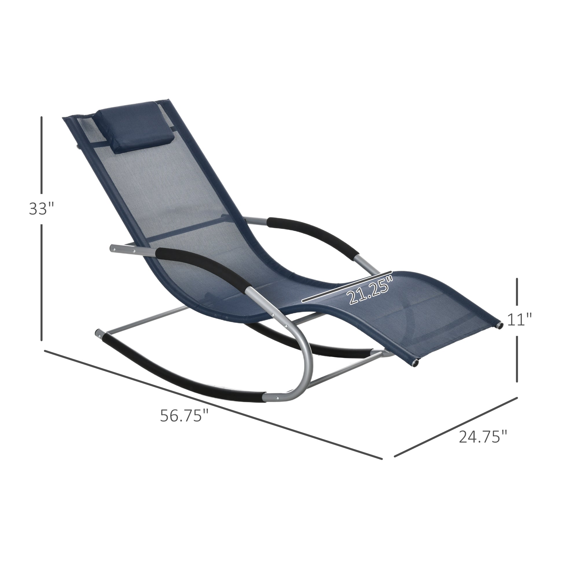 Navy blue mesh rocking lounge chair with headrest and silver frame