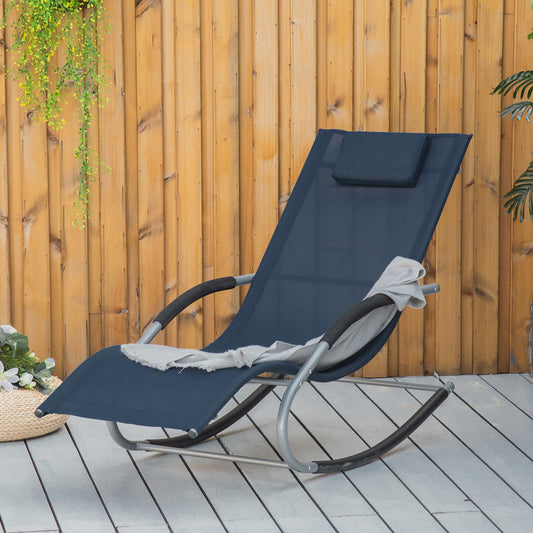 Dark blue rocking lounge chair with silver frame and pillow on deck