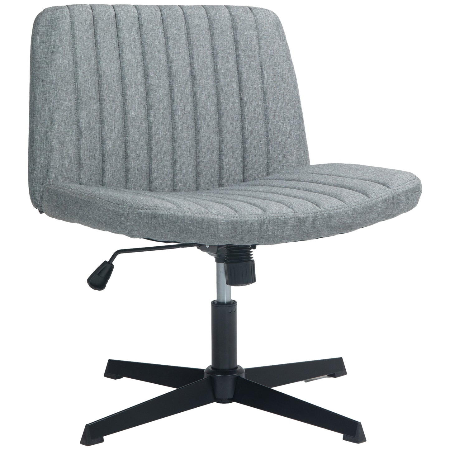 Gray upholstered desk chair with vertical channel tufting and a black fivestar base