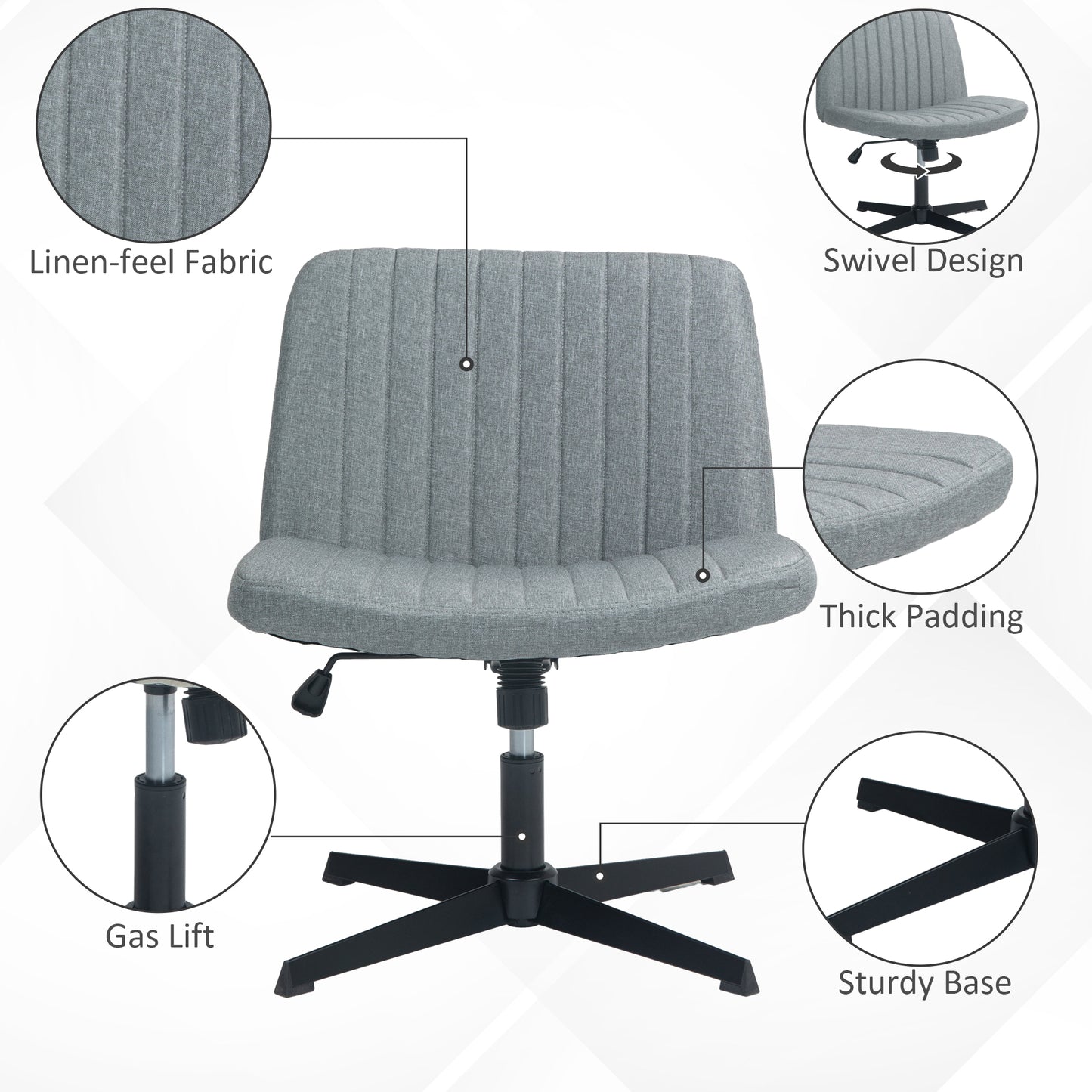 Grey fabric task chair with plush padding and swivel base