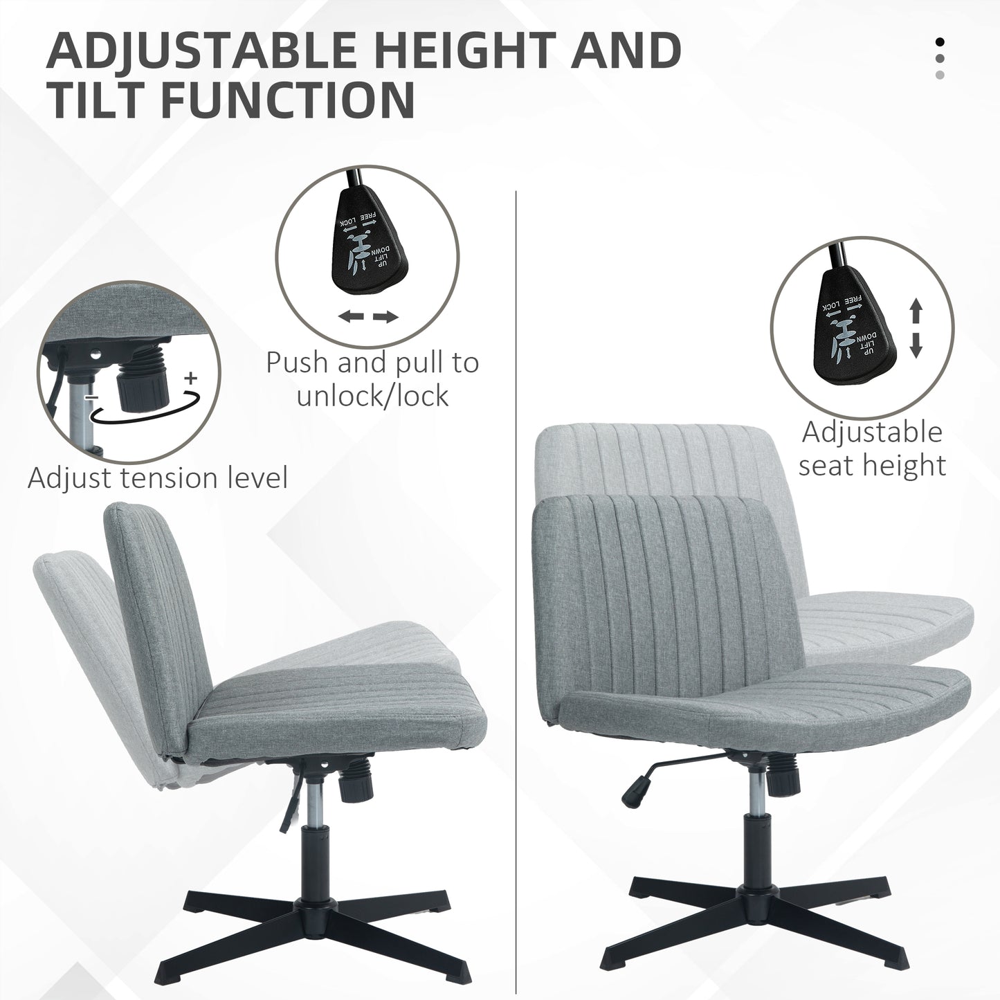 Grey fabric office chair with adjustable tension lever and tilt function