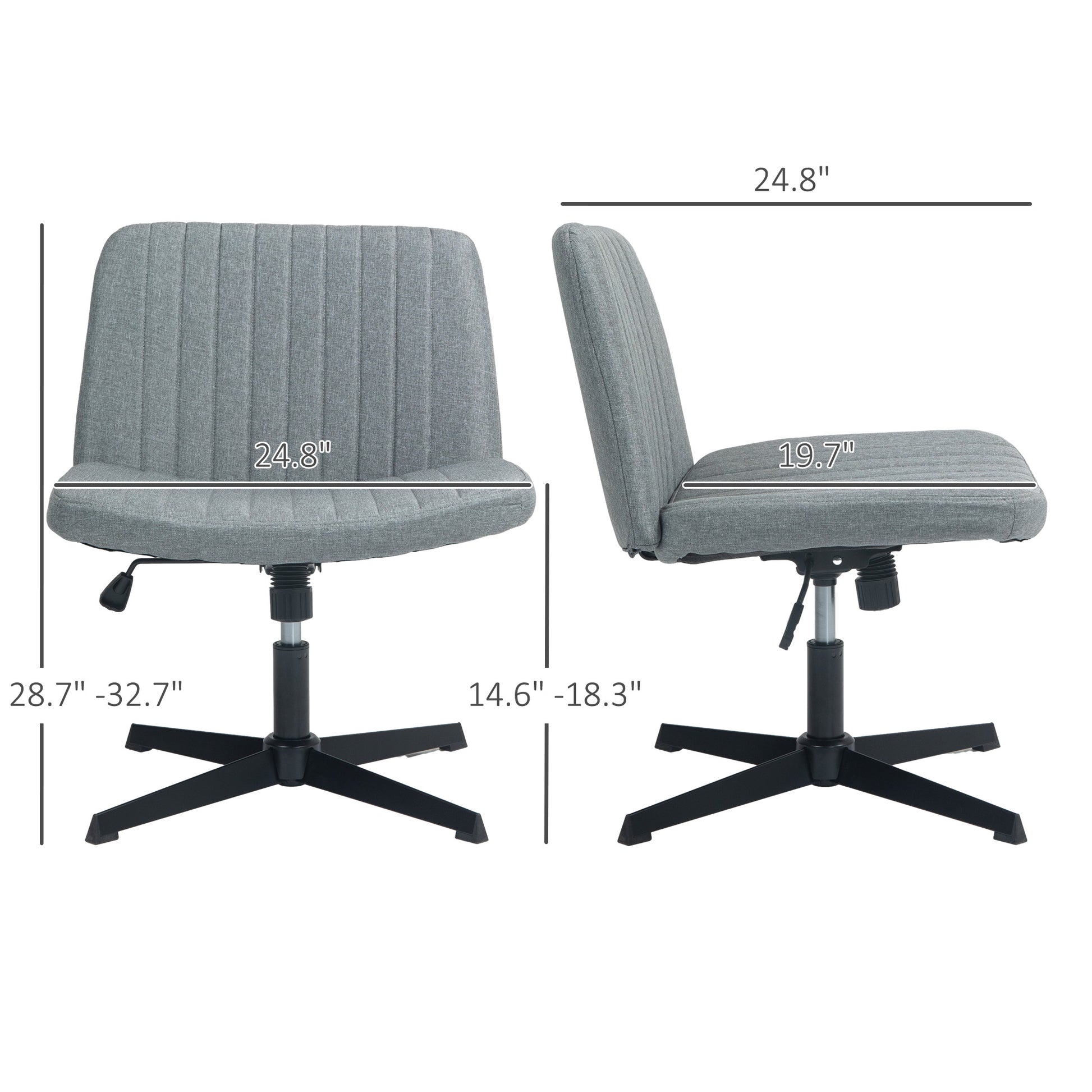 Grey fabric desk chair with channel tufting and adjustable height