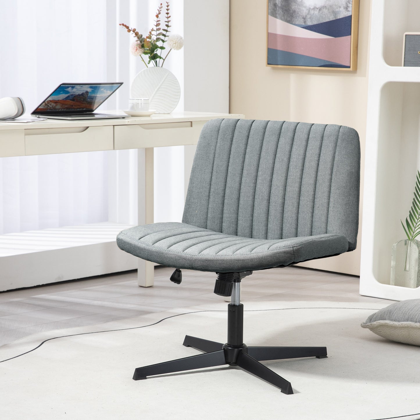 Grey fabric office chair with channel tufting adjustable height and swivel base