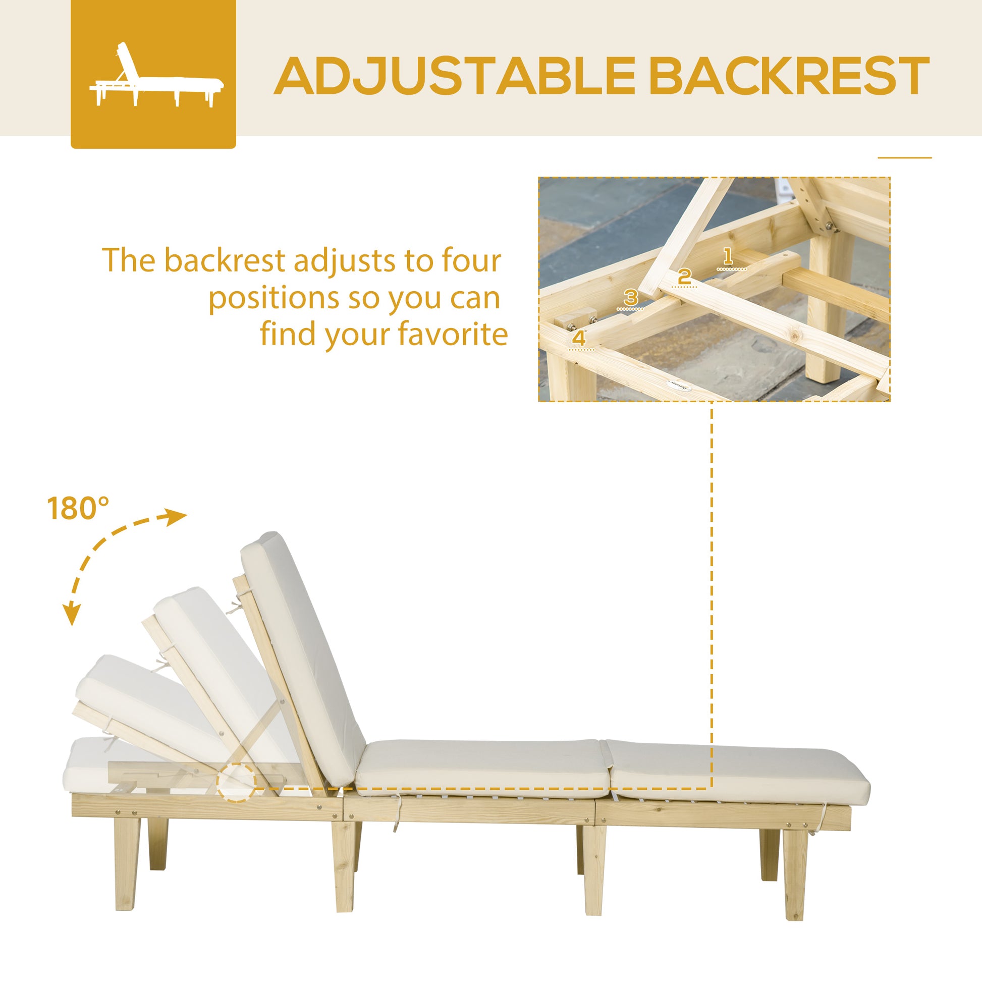Wooden lounger with adjustable backrest in four positions and cream cushions