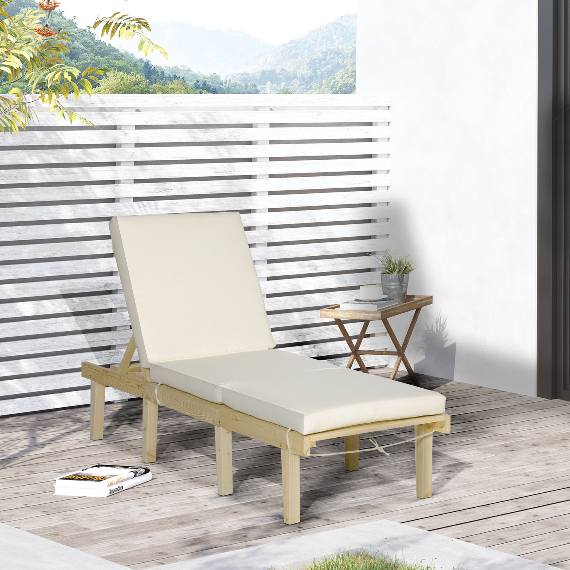 Cream cushioned wooden patio chaise lounge chair with adjustable backrest for outdoor relaxation