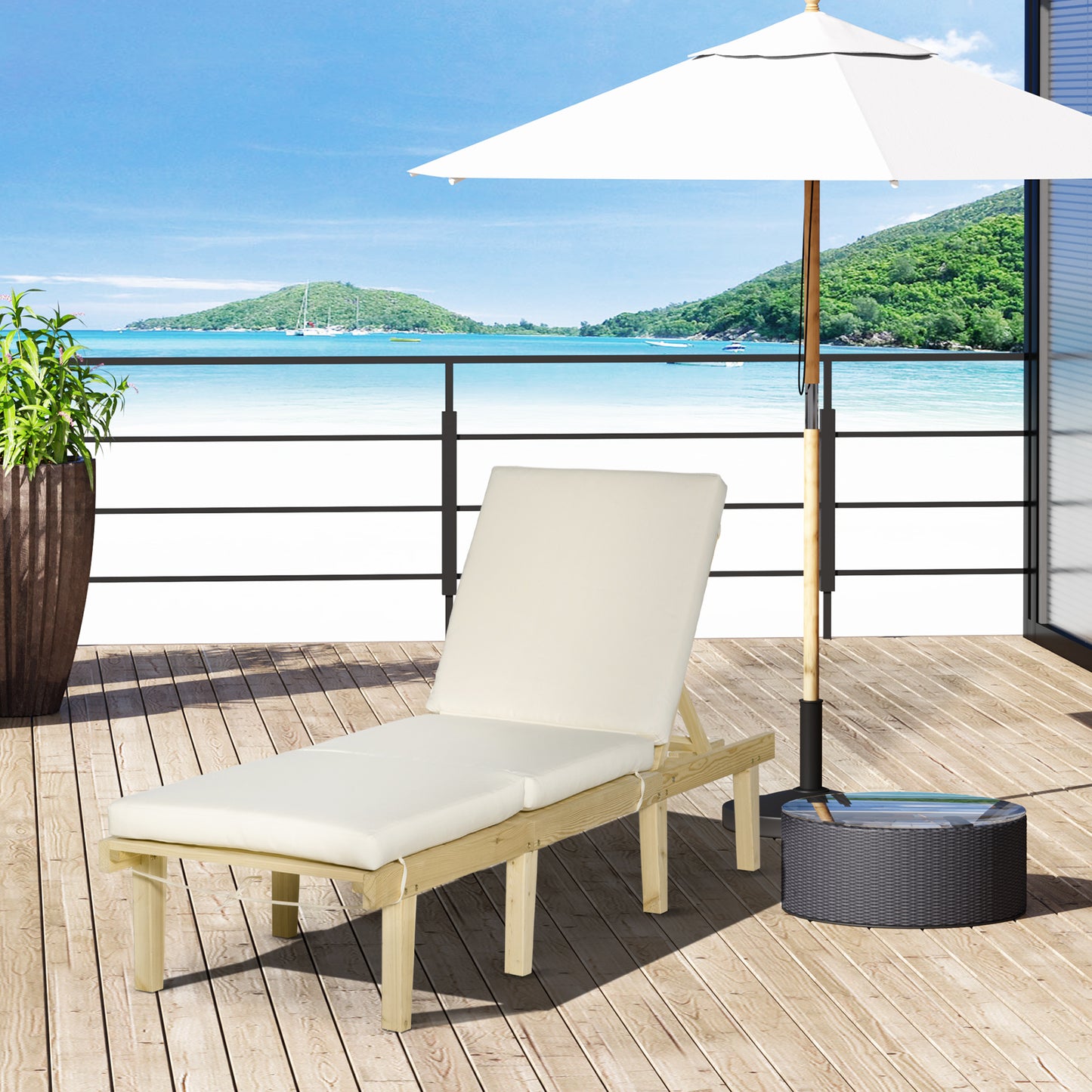 Natural wood lounger with cream cushion for ultimate relaxation outdoors