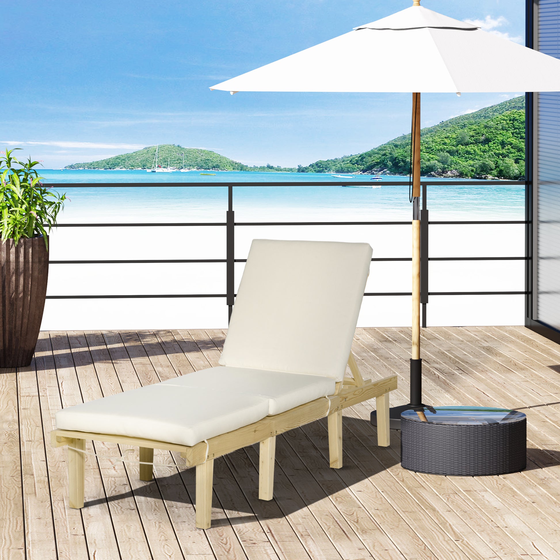 Natural wood lounger with cream cushion for ultimate relaxation outdoors
