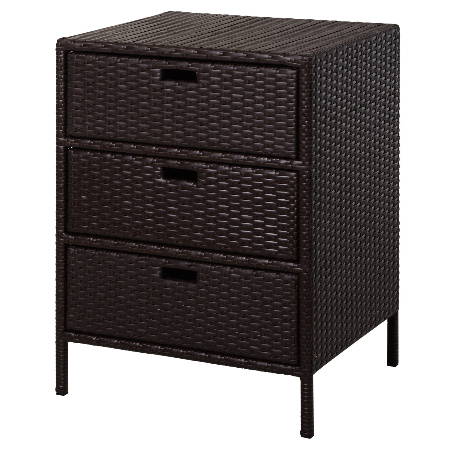 Dark brown resin wicker dresser with three drawers and black handles