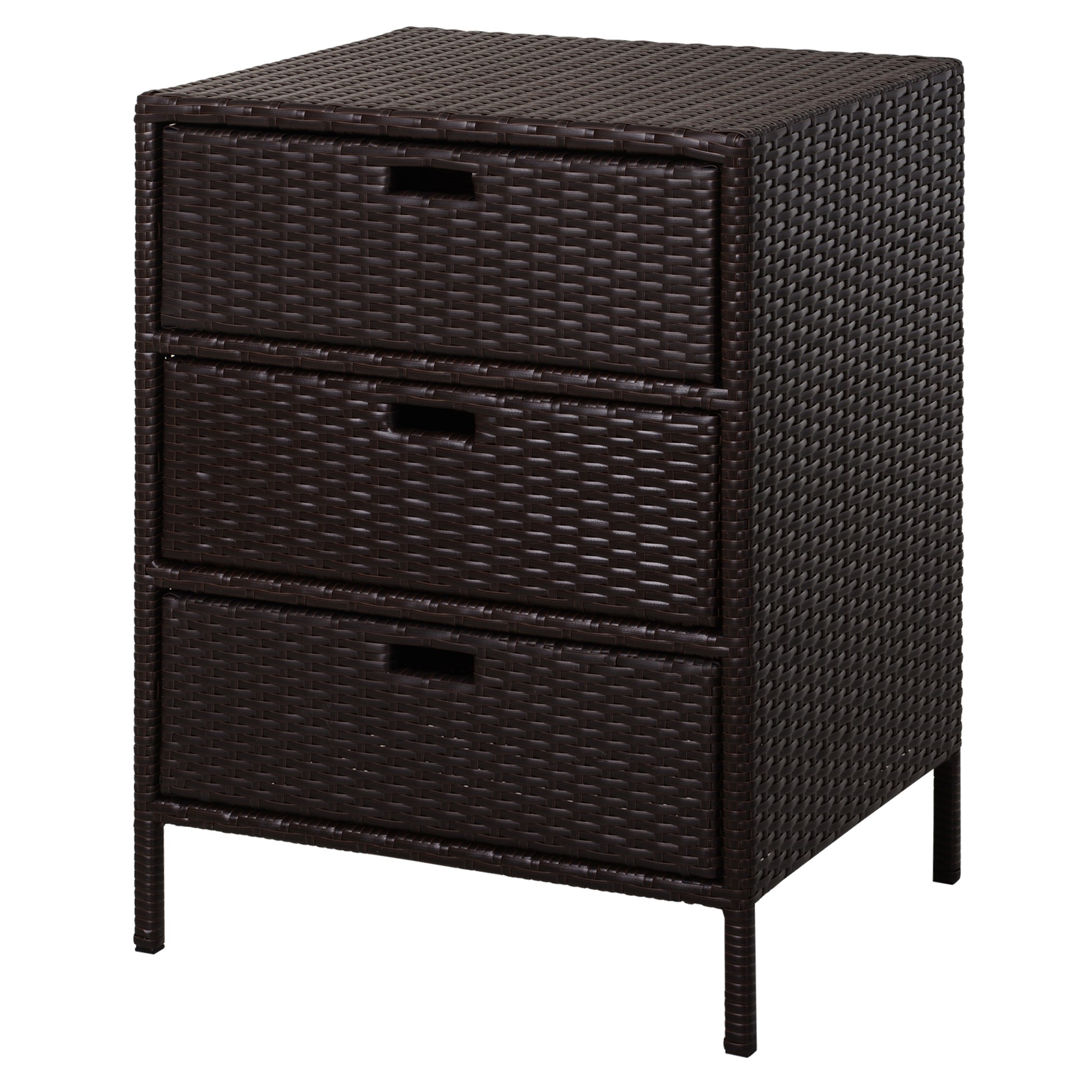 Dark brown resin wicker dresser with three drawers and black handles