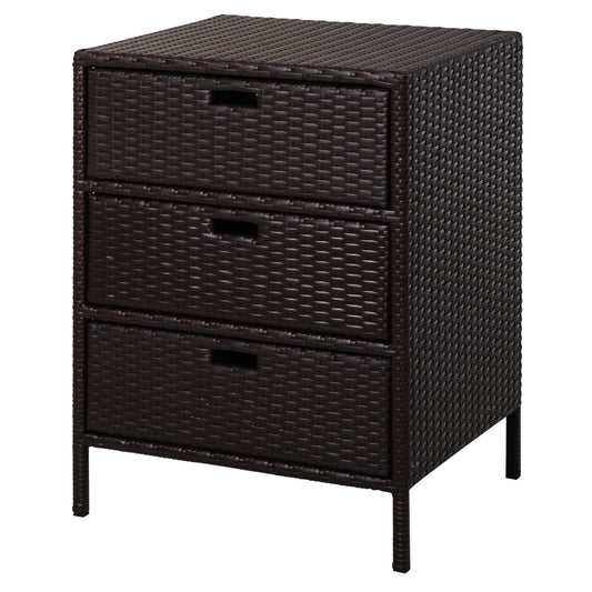 Dark brown resin wicker dresser with three drawers and black handles