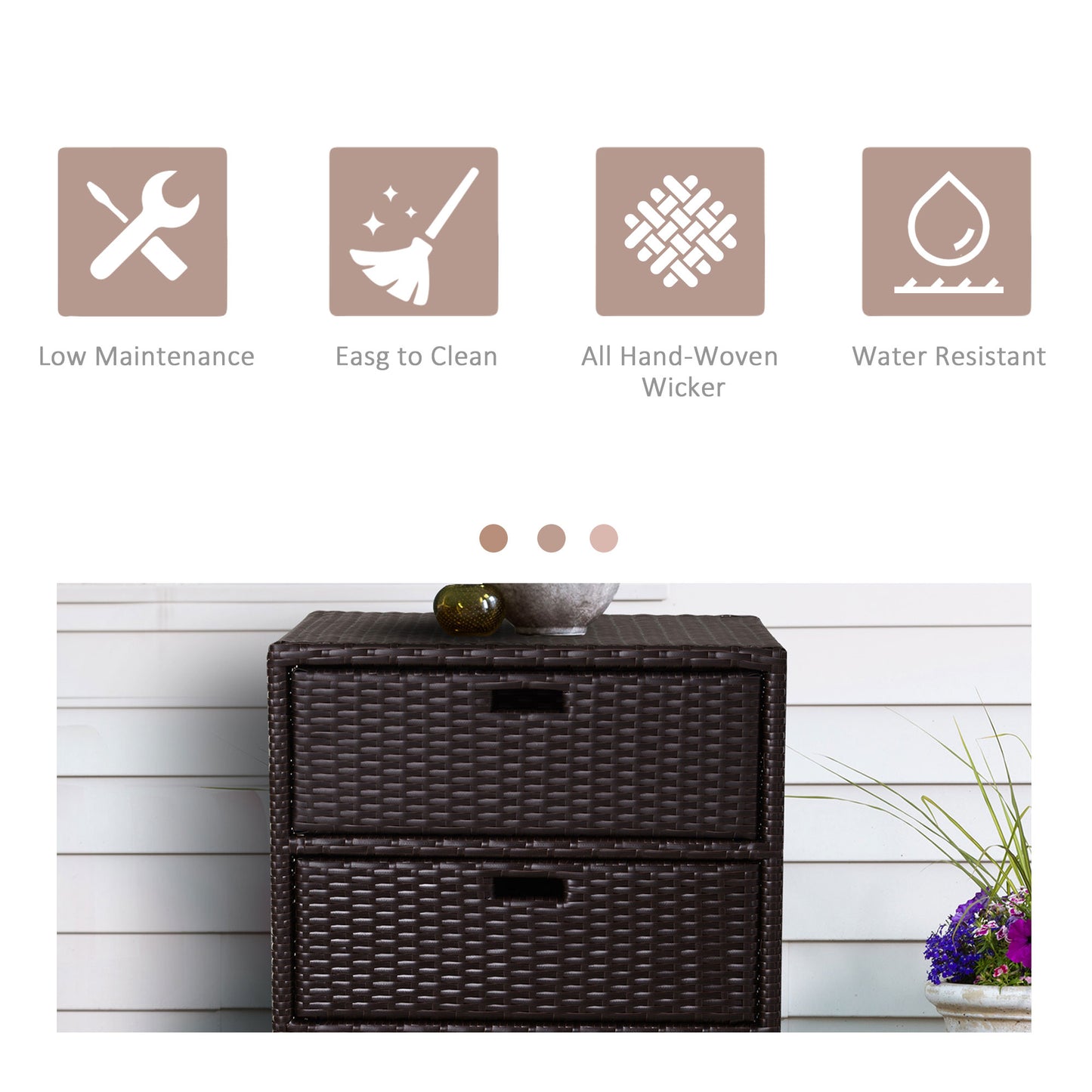 Dark brown wicker storage drawers with two pullout compartments ideal for outdoor furniture