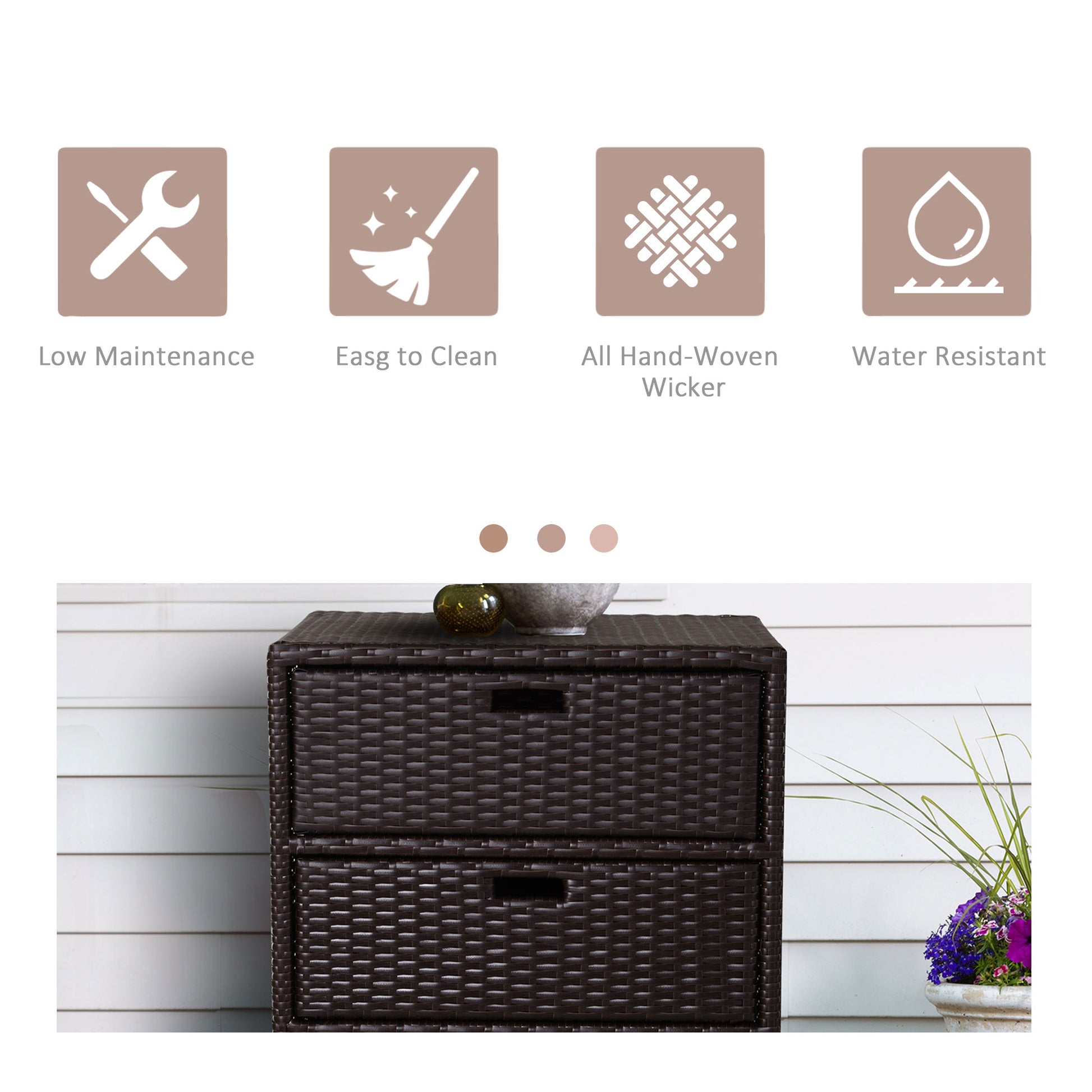 Dark brown wicker storage drawers with two pullout compartments ideal for outdoor furniture