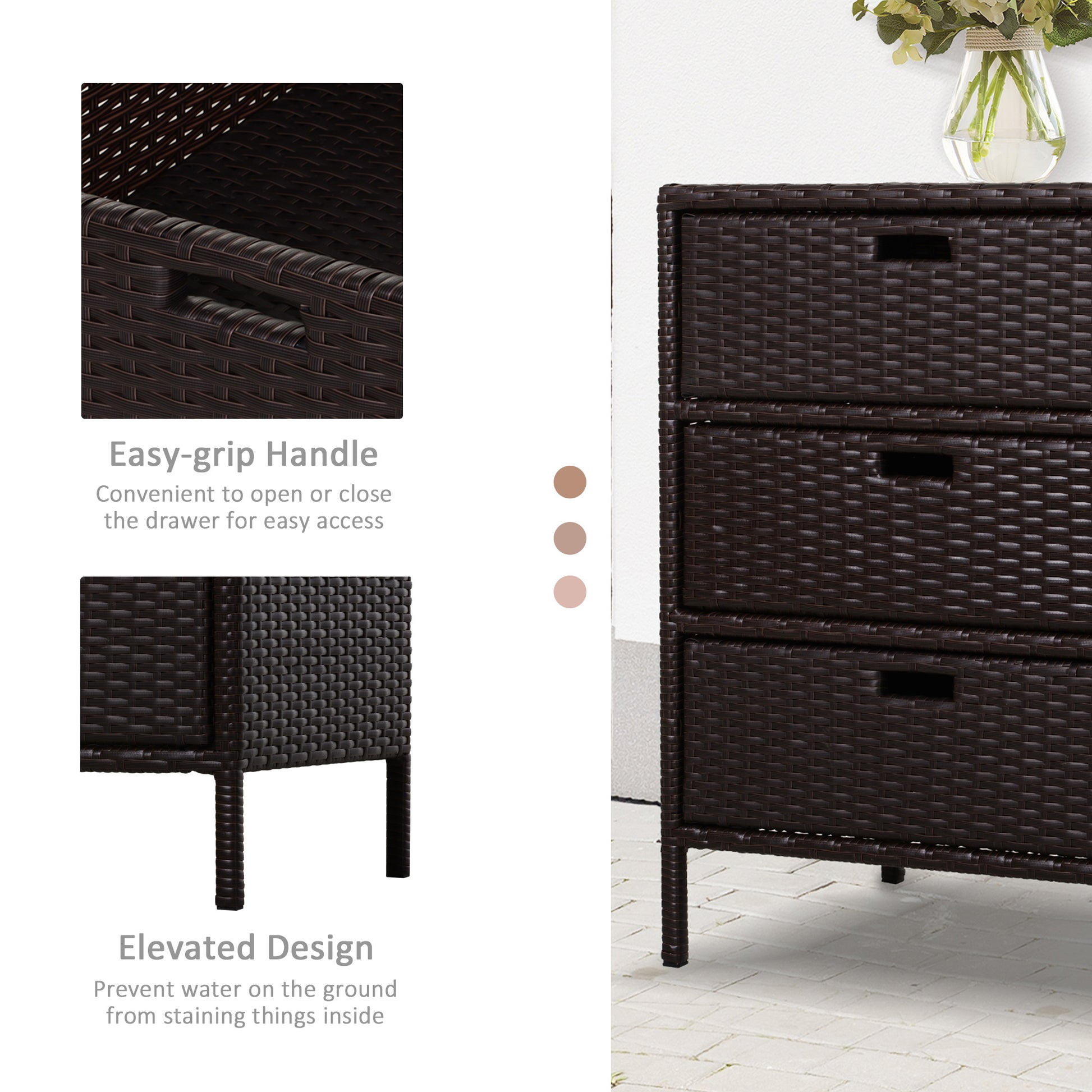 Dark brown wicker dresser with three drawers and integrated handles