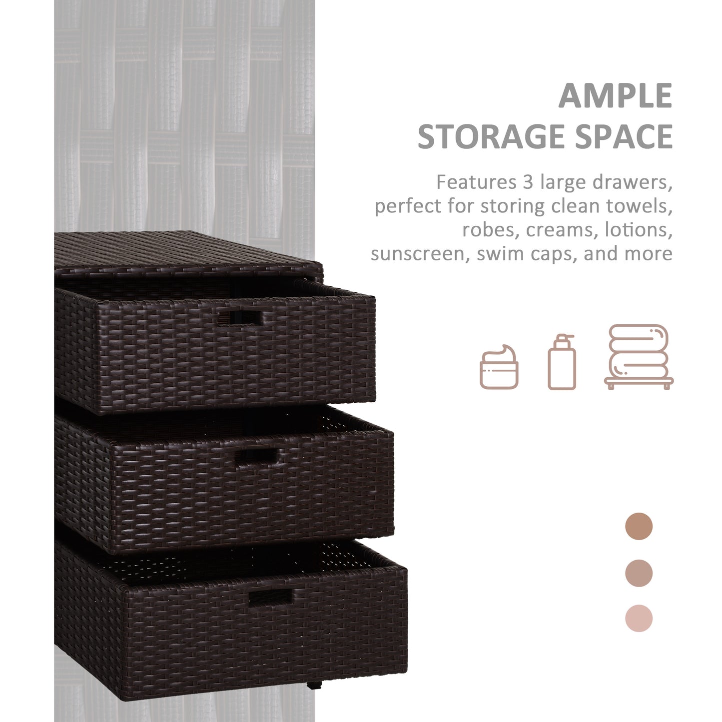 Dark brown rattan chest with three open drawers for bathroom storage