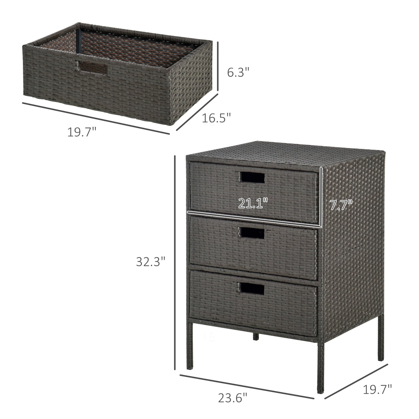Dark brown woven wicker storage dresser with three drawers and silver hardware