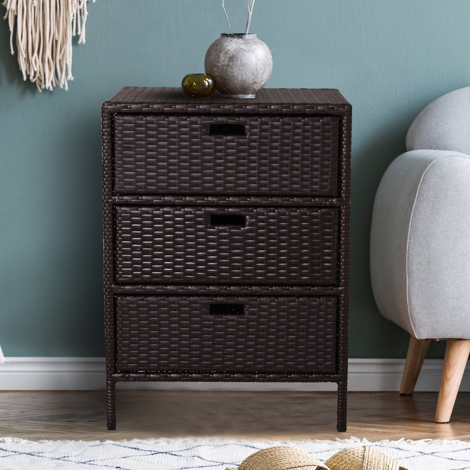 Dark brown rattan drawer chest perfect for bedroom storage