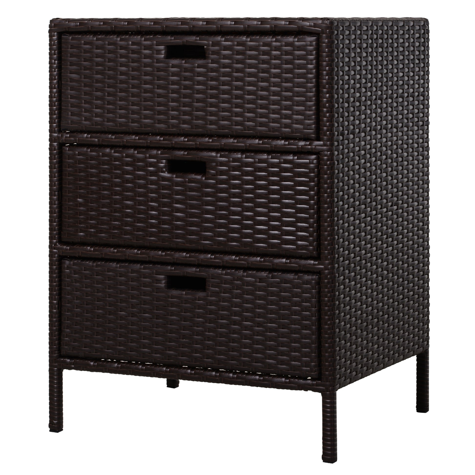 Dark brown wicker threedrawer dresser with integrated handles for easy access