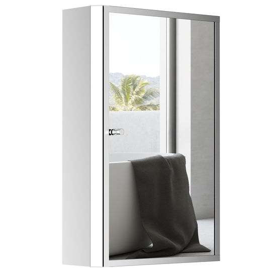 Modern white medicine cabinet with mirrored door reflecting a bathtub and tropical foliage
