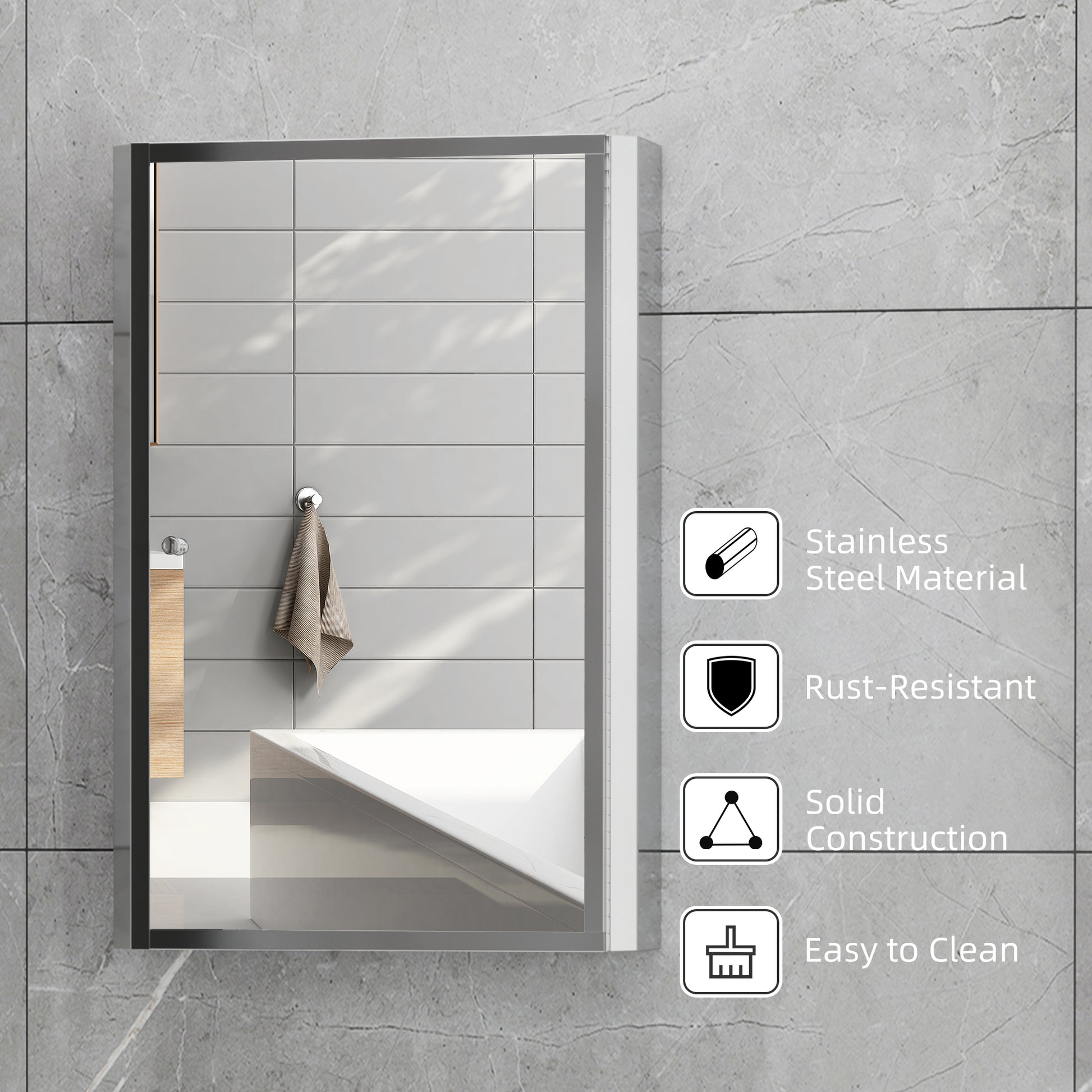 Sleek stainless steel medicine cabinet with mirrored door and wood accent