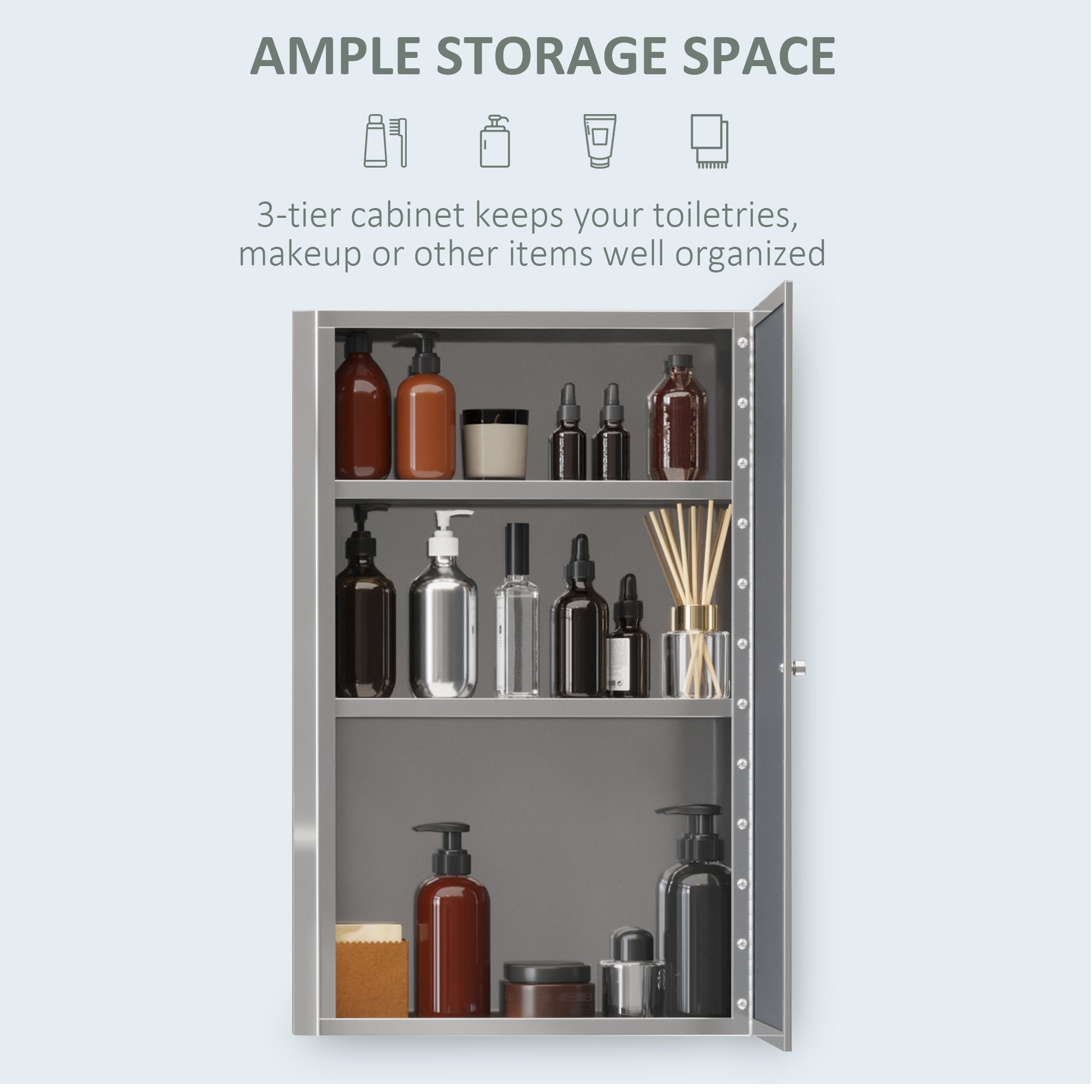Stainless steel medicine cabinet with  shelves filled with toiletries like pump bottles and diffusers