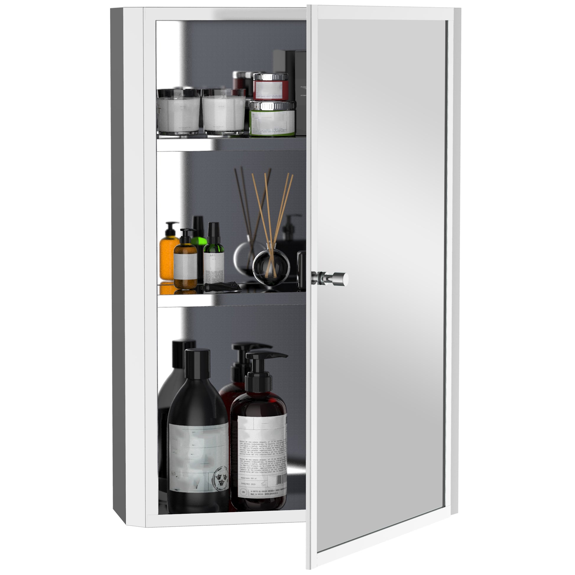 White mirrored bathroom cabinet filled with skincare products and diffuser reeds