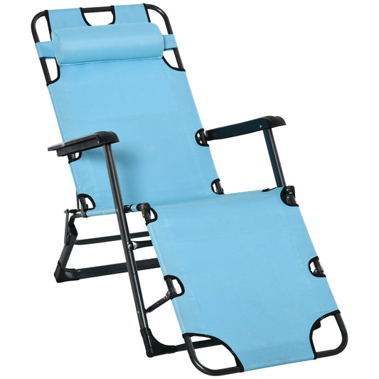 Light blue reclining patio chair with adjustable headrest and armrests for outdoor relaxation