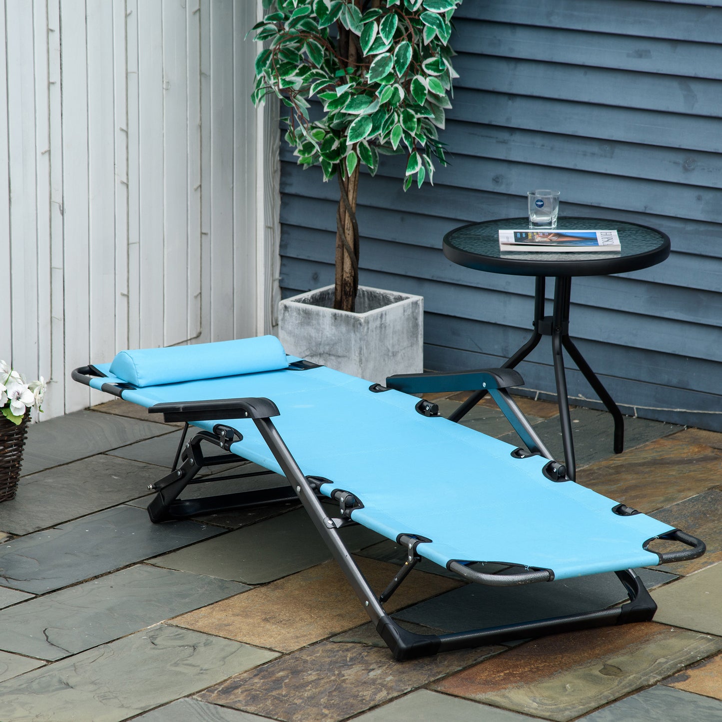 Light blue zero gravity recliner chair with dark metal frame and removable head pillow