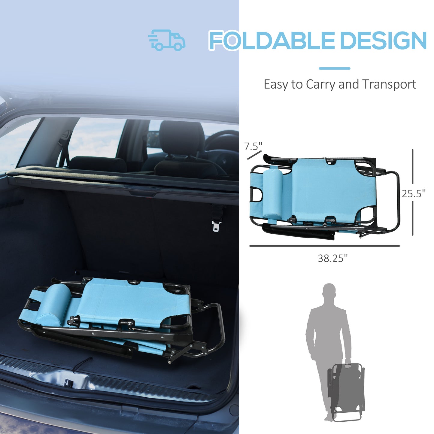 Blue fabric and black metal portable chaise lounge folded for transport
