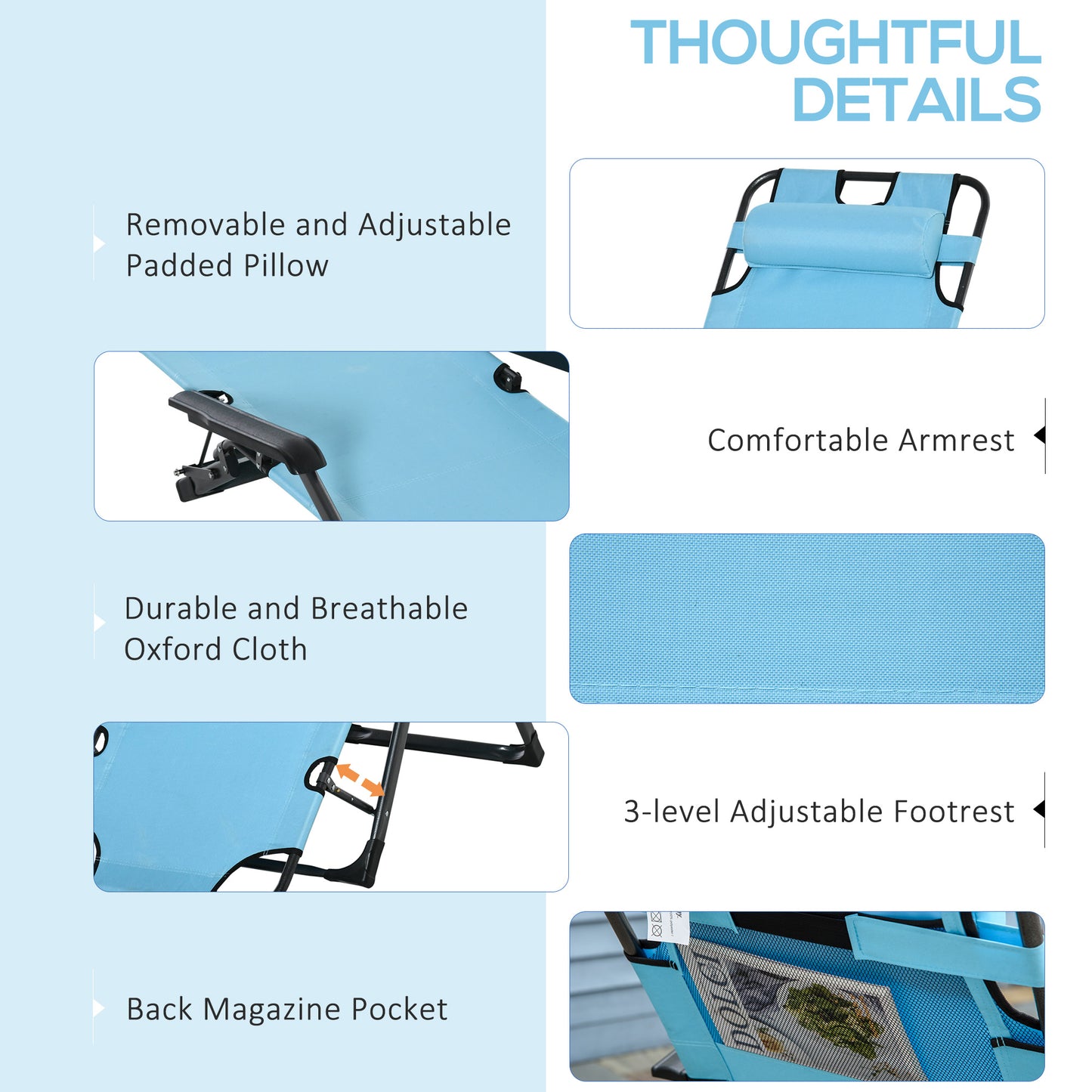 Blue chaise lounge with removable padded pillow for comfortable lounging
