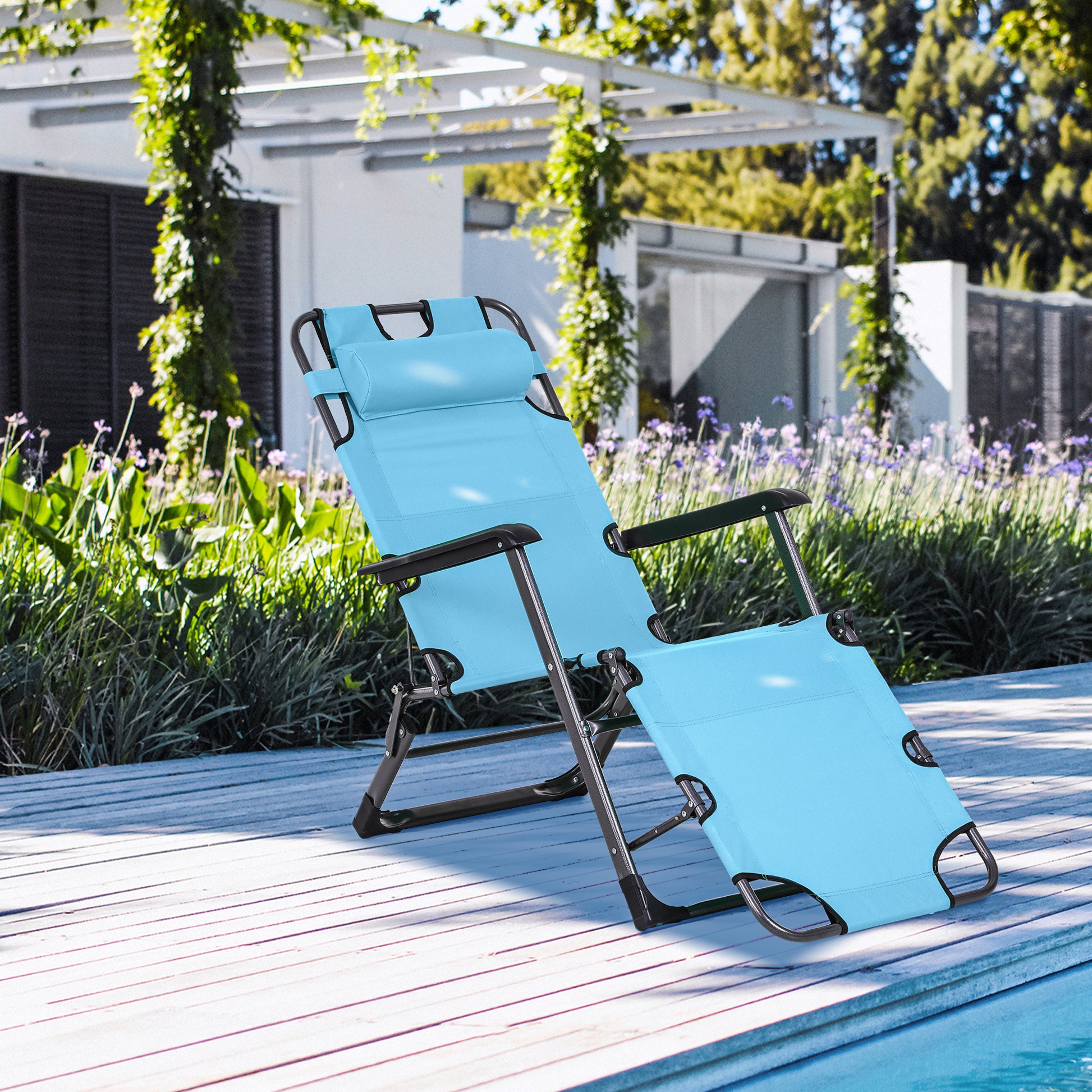 Light blue reclining patio chair with metal frame and headrest on wooden deck