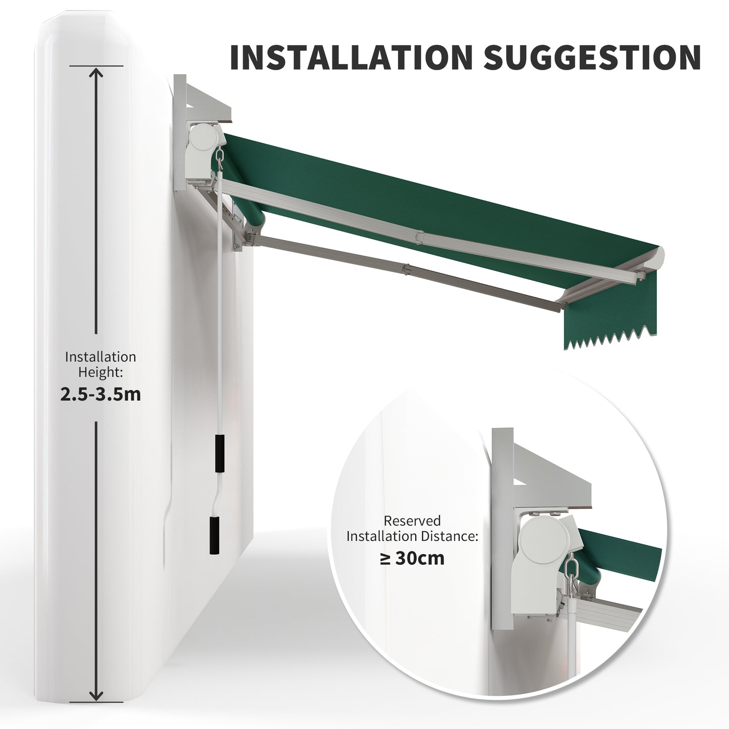 Retractable awning installation with height of m shown on wall