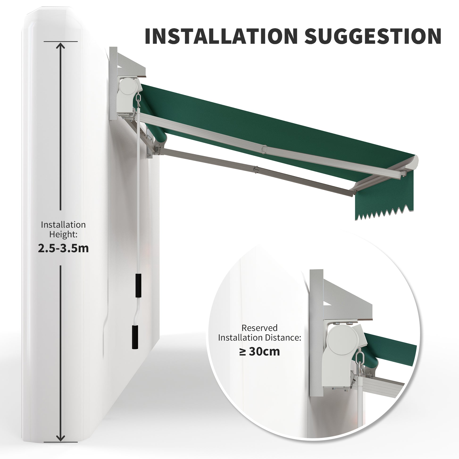 Retractable awning installation with height of m shown on wall