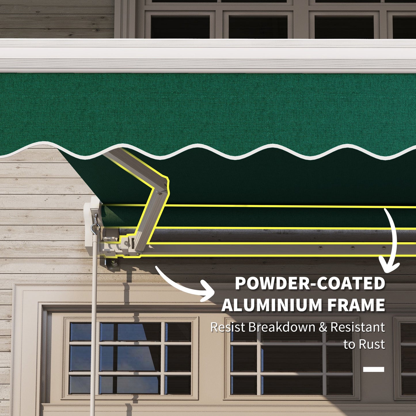 Dark green retractable awning with white scalloped edge and powdercoated aluminum frame