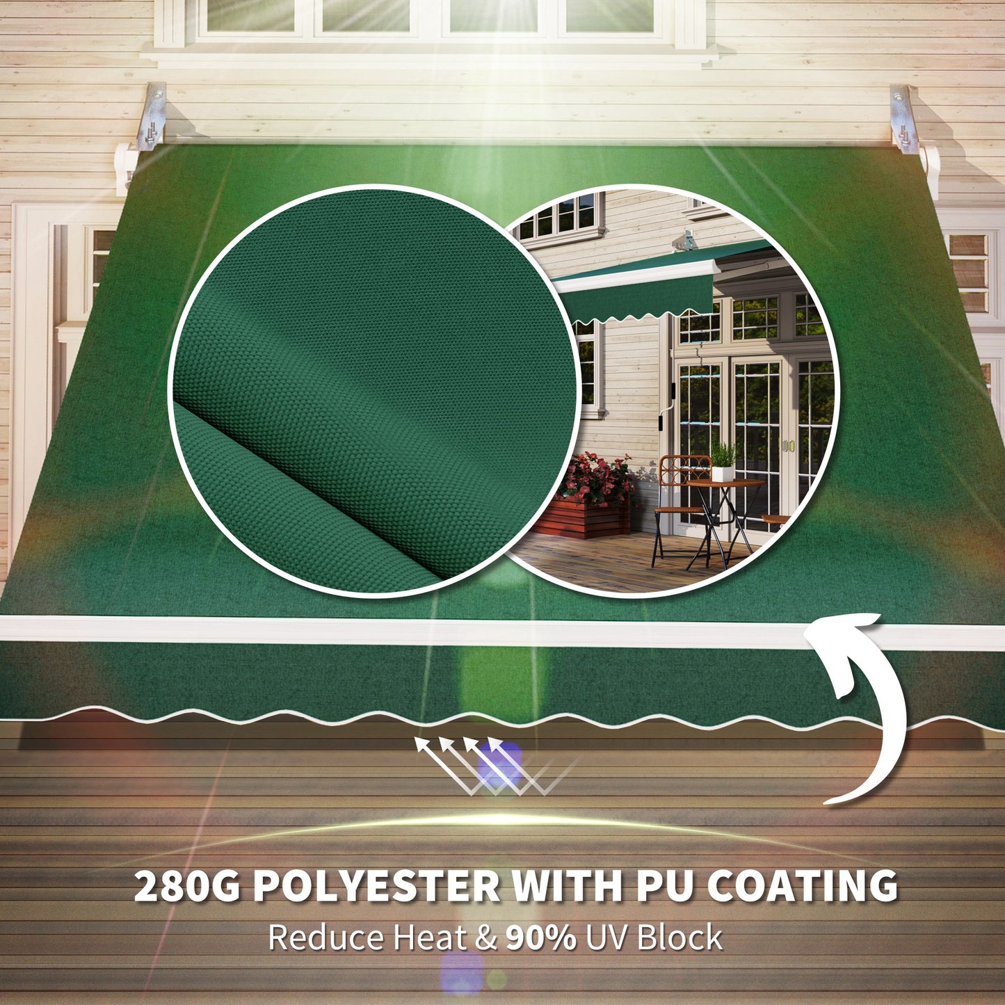 Dark green polyester awning fabric with PU coating shown extended over a patio