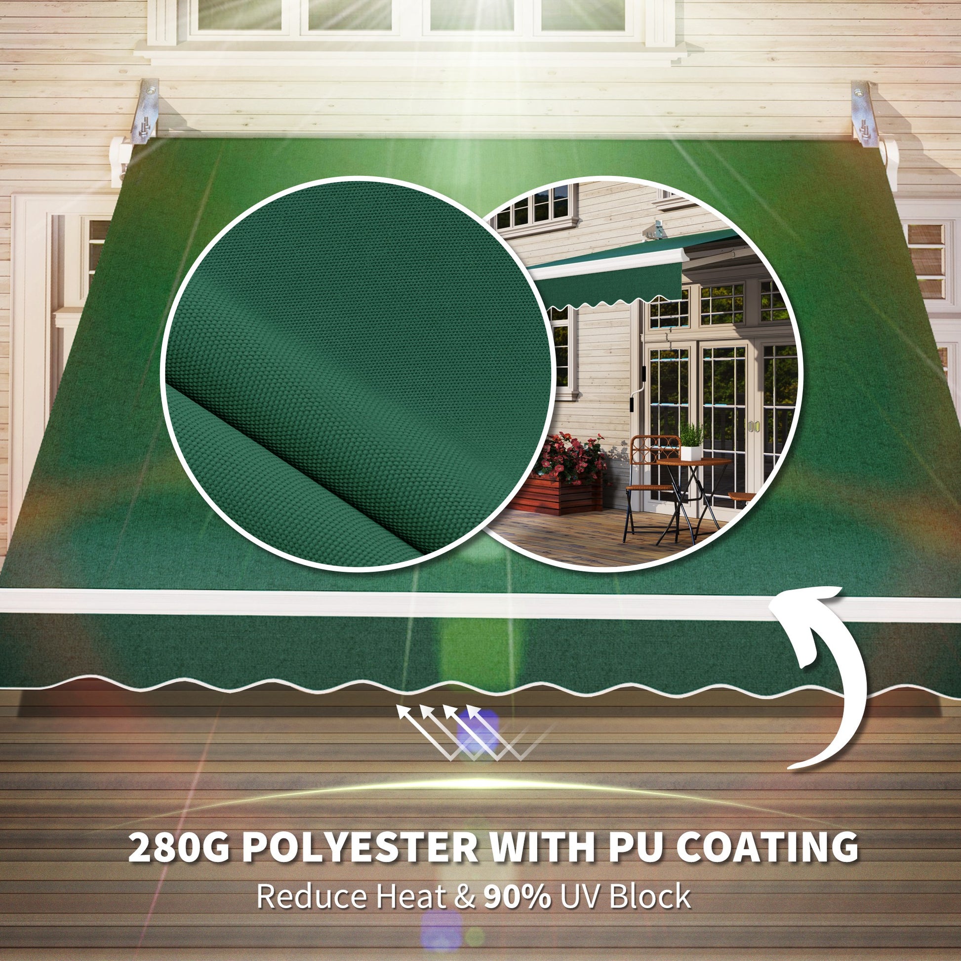 Dark green polyester awning fabric with PU coating shown extended over a patio