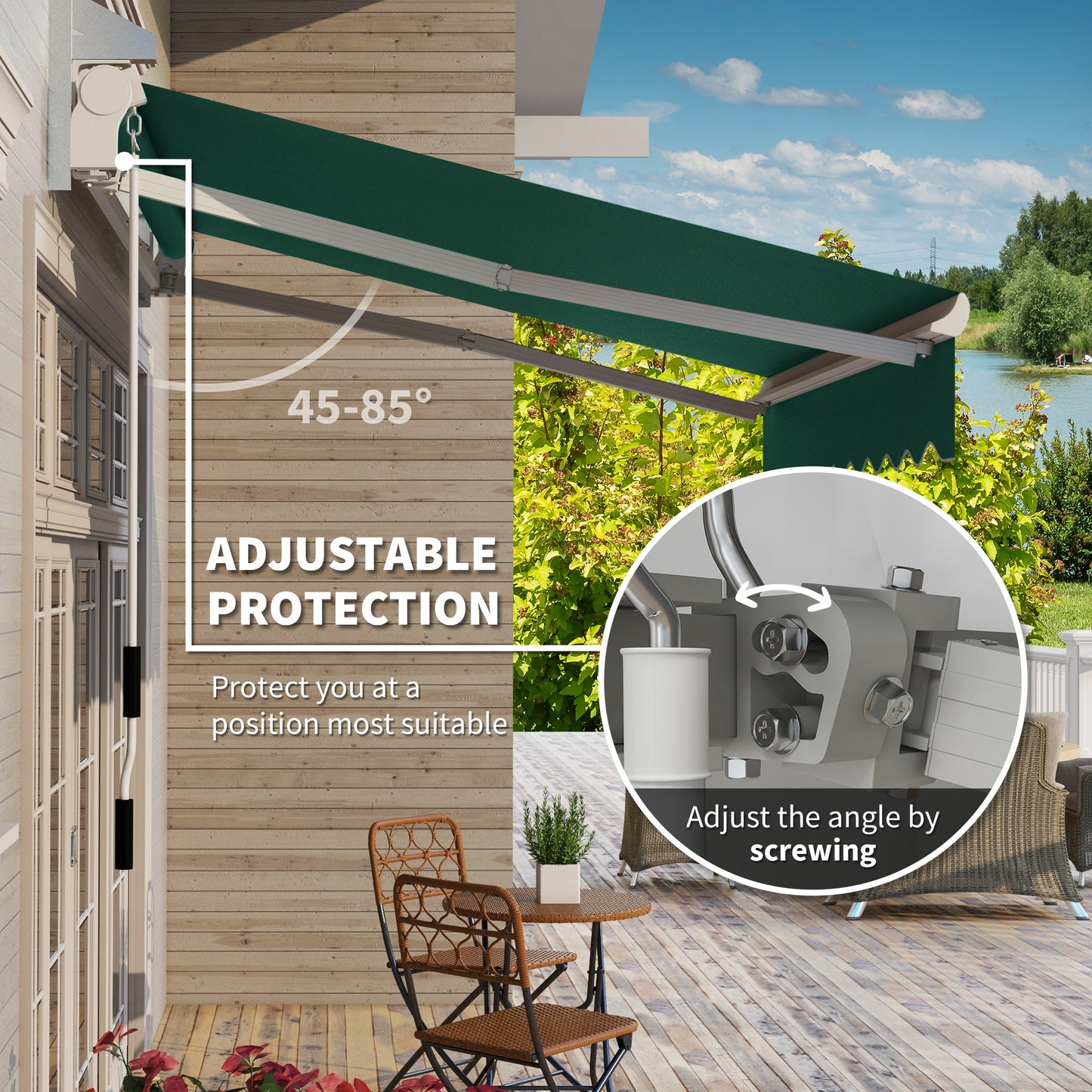 Dark green retractable awning with adjustable angle mechanism installed on a house