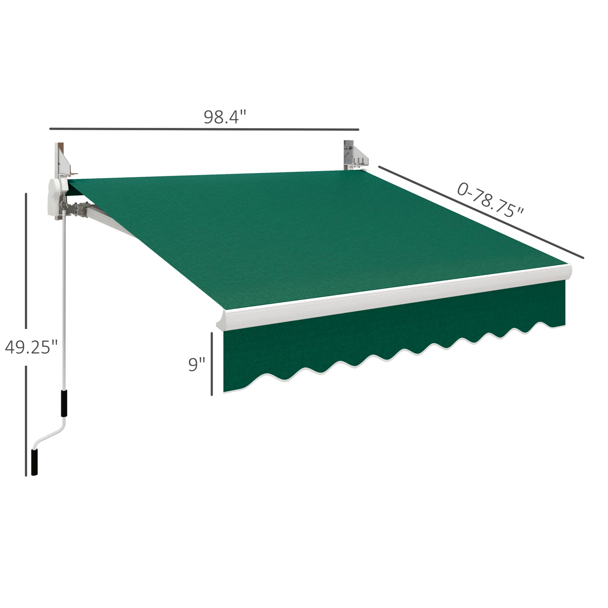 Green retractable patio awning with scalloped valance and manual crank operation