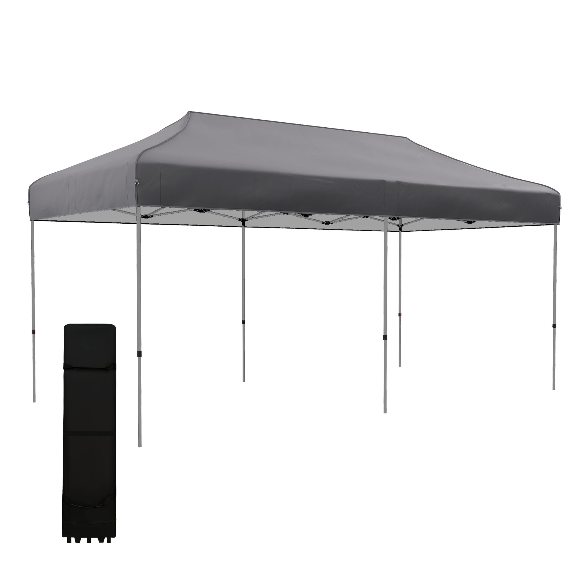 Gray popup canopy tent with steel frame and black carrying bag
