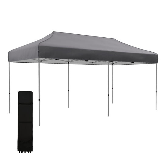 Gray popup canopy tent with steel frame and black carrying bag