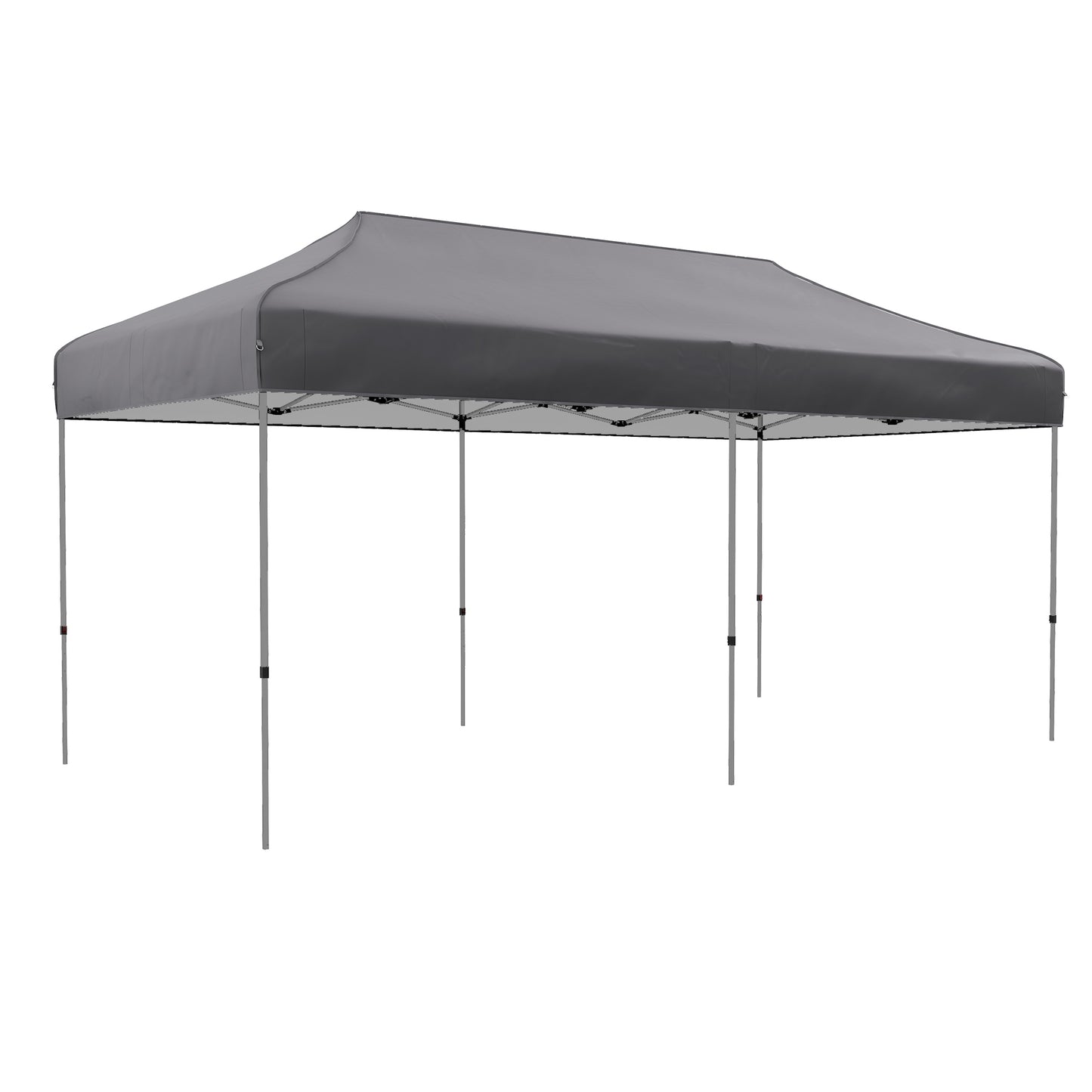 Gray popup canopy tent with silver metal frame providing shade for outdoor events