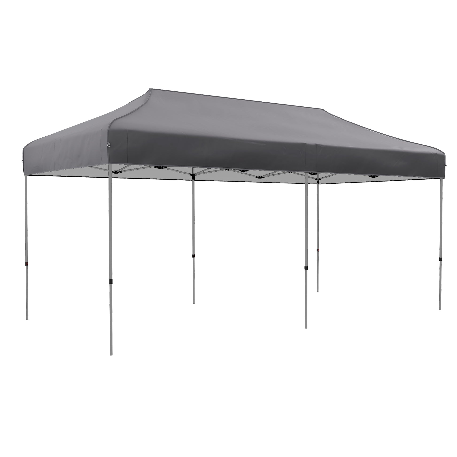 Gray popup canopy tent with silver metal frame providing shade for outdoor events